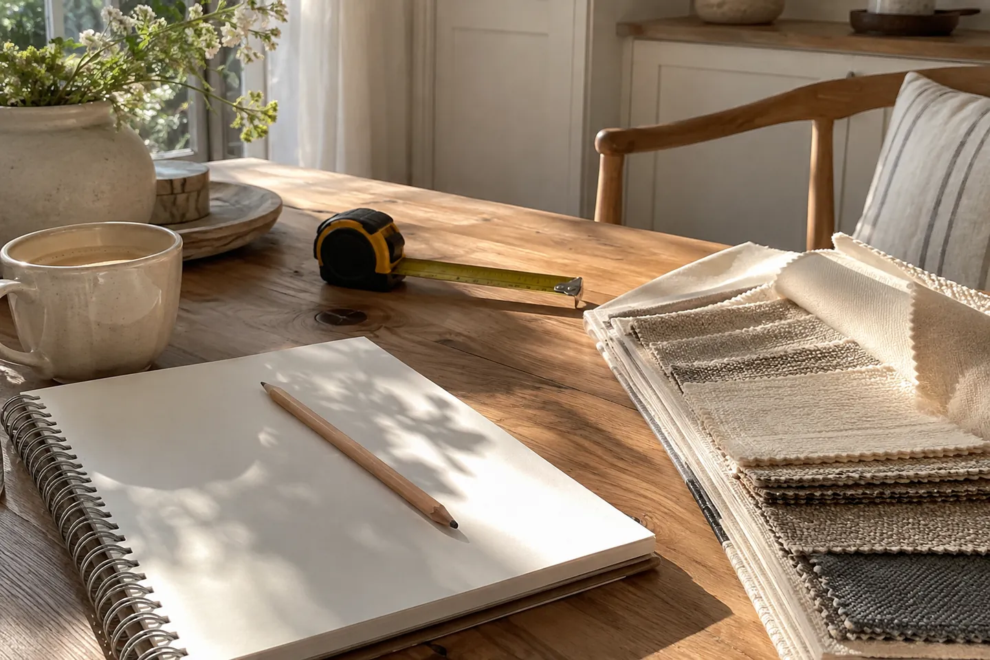 A notebook and a pencil on a wooden table in morning light