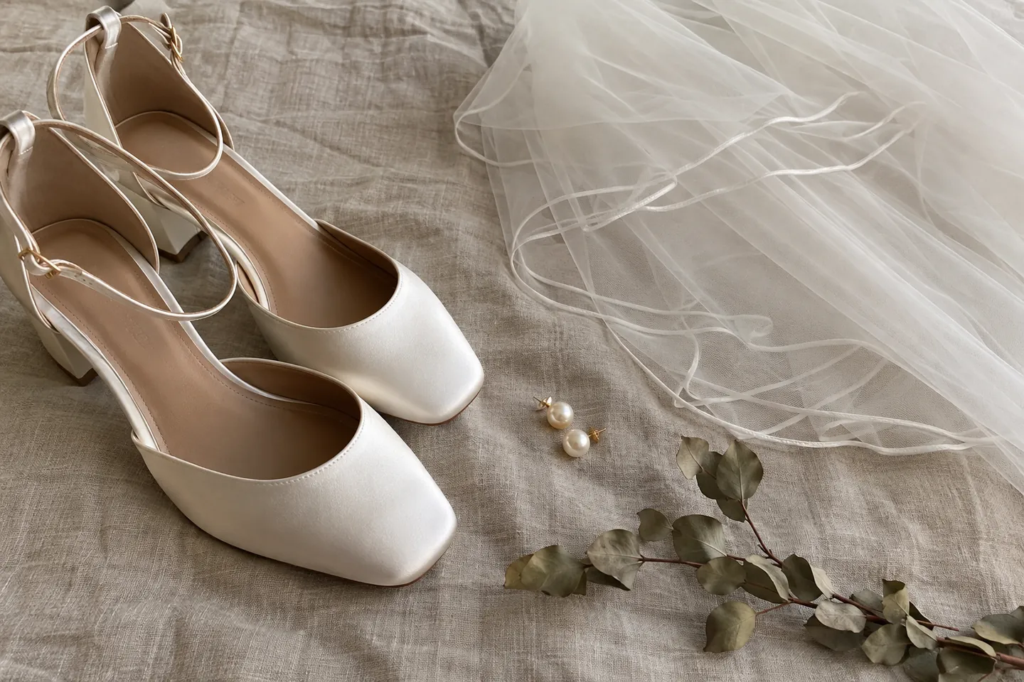 A flat lay of ivory satin bridal shoes, a folded fingertip veil and pearl earrings on linen