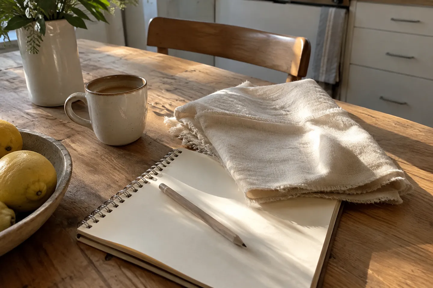 A notebook, a pencil and a folded ivory fabric swatch on a kitchen table in morning light
