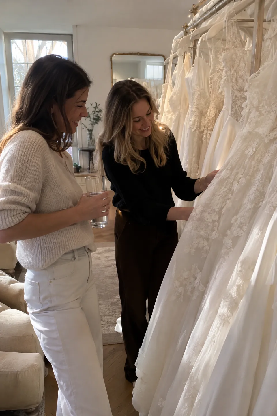 Two women looking at ivory gowns on a rack in a bridal shop