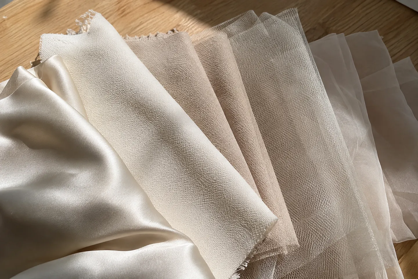Swatches of satin, crepe, tulle and chiffon fanned on a light wooden table