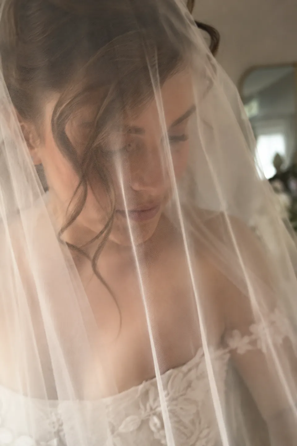 A soft tulle blusher veil over a bride's face, seen in natural light